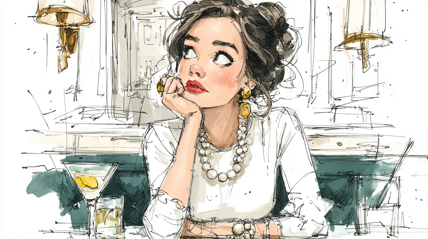 Fashion illustration of a stylish woman with pearl jewelry